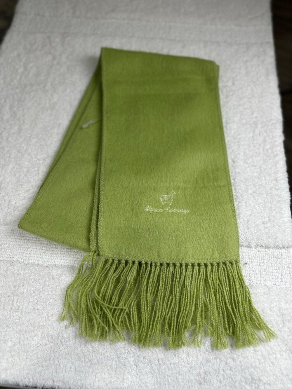 Alpaca Camargo Green Fuzzy Scarf Fringe Embroidered Llama Soft Winter Wrap